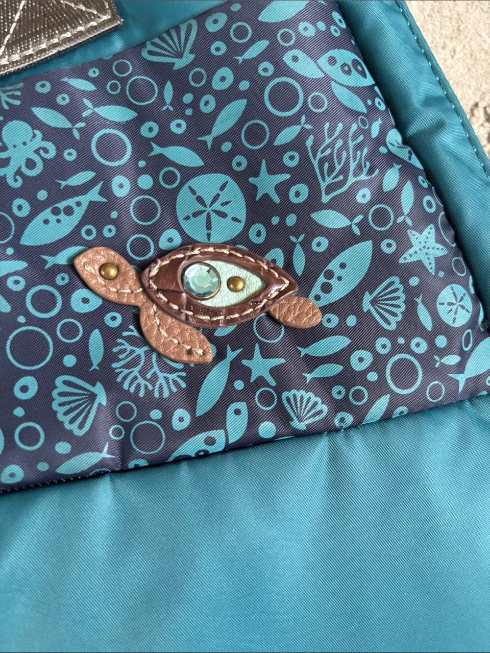 Chala Teal Patterned Tote with Navy Accent - Picture 3 of 5